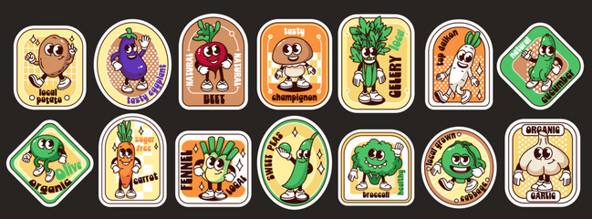 Groovy cartoon stickers with fun vegetable characters set. Funny retro posters collection of healthy cartoon vegetable mascots, patches of geometric rounded shape in 70s 80s style vector illustration