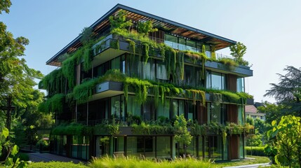 Sustainable architecture of a modern green building, utilizing renewable energy sources