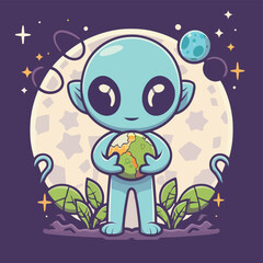 Naklejka premium 2d vector illustration chibi cute alien, holding sphere earth plant , full body , clean shape and line, white background, random moon background 