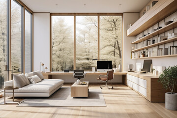 Minimalist modern design featuring clean lines, wooden accents, and large windows showcasing natural light.