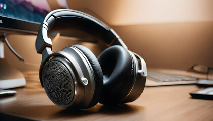 Fototapeta na wymiar High-quality noise-canceling headphones on a desk