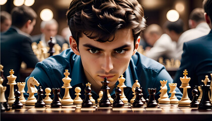 Intense focus of a chess player in a tournament - obrazy, fototapety, plakaty