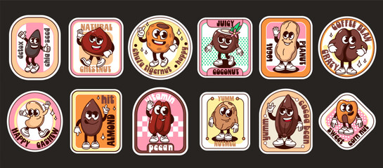 Groovy nut and bean characters in cartoon label set. Funny retro posters with nuts, badges with text elements, coffee and cocoa mascots, trendy cartoon stickers of 70s 80s style vector illustration