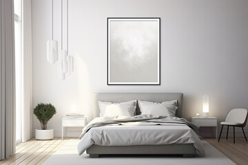 Minimalist sophistication in a bedroom, a blank white frame enhancing the simplicity of a monochromatic color palette.