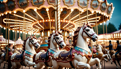 Old-fashioned carousel spinning with joyous riders