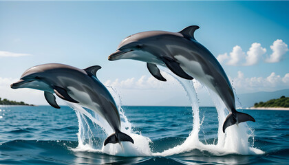 Playful dolphins leaping out of the water