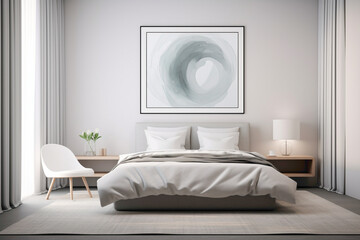 Minimalist sophistication in a bedroom, a blank white frame enhancing the simplicity of a monochromatic color palette.