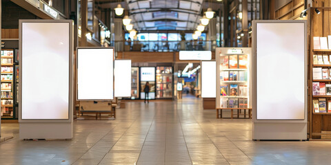 White blank billboard on bookstore, for advertising, mockup presentations, announcements, promotions, and digital marketing.blank sign poster in bookstore shop banner