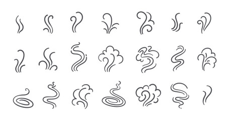 Steam and smoke lines icons set. Air wind and scent linear collection, heat waves or aroma from cooking food and hot coffee, gas and fumes. Steam swirls icons of doodle style vector illustration © setory