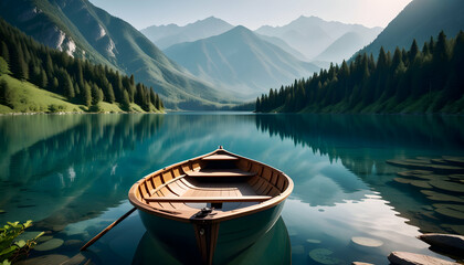 Tranquil rowboat on a serene mountain lake - obrazy, fototapety, plakaty