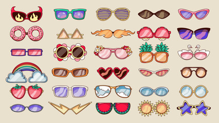 Groovy cartoon sunglasses set. Funny retro eyeglasses with different color and shape, trendy colorful accessory for hippy party, sunglasses stickers collection of 60s 70s style vector illustration