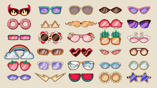 Naklejki Groovy cartoon sunglasses set. Funny retro eyeglasses with different color and shape, trendy colorful accessory for hippy party, sunglasses stickers collection of 60s 70s style vector illustration