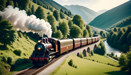 Vintage train passing through a scenic landscape