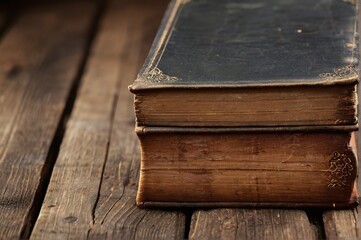 Close up image of old book cover on a wooden background with copy space