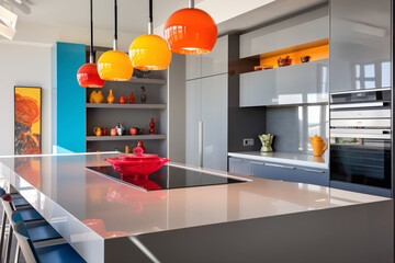Minimalistic kitchen with sleek countertops, vibrant accents, and simple, colorful decor, captured in HD.