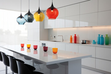 Minimalistic kitchen with sleek countertops, vibrant accents, and simple, colorful decor, captured in HD.