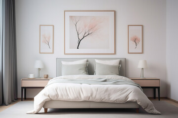 Minimalistic serenity in a bedroom, a blank white frame harmonizing with a wall adorned with soft, pastel-hued artwork.