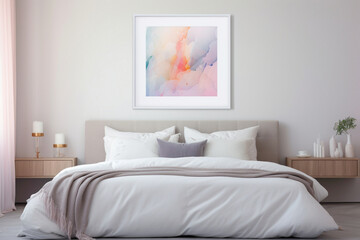 Minimalistic serenity in a bedroom, a blank white frame harmonizing with a wall adorned with soft, pastel-hued artwork.