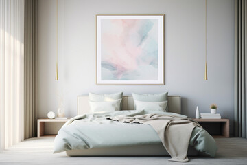 Minimalistic serenity in a bedroom, a blank white frame harmonizing with a wall adorned with soft, pastel-hued artwork.