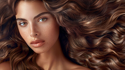 Model girl with shiny healthy glowing curly hair