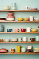 Minimalistic wooden shelves holding neatly arranged colorful dinnerware against a pastel-colored wall.