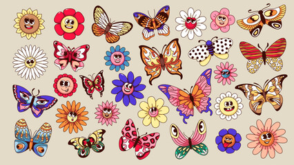 Groovy flower cartoon characters and butterfly set. Retro floral mascots and magic insects, cartoon flowers faces with different funny expressions and boho stickers of 70s 80s vector illustration