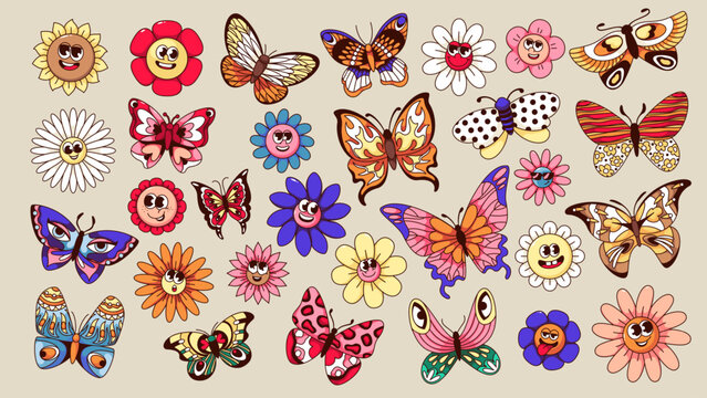 Naklejki Groovy flower cartoon characters and butterfly set. Retro floral mascots and magic insects, cartoon flowers faces with different funny expressions and boho stickers of 70s 80s vector illustration