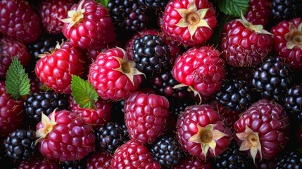 background of blackberries and raspberries, fresh, summer, healthy - Powered by Adobe