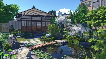Fototapeta na wymiar a serene scene featuring a traditional tea house nestled amidst the bustling streets of a Japanese city, with carefully manicured gardens providing a tranquil oasis amidst the urban chaos