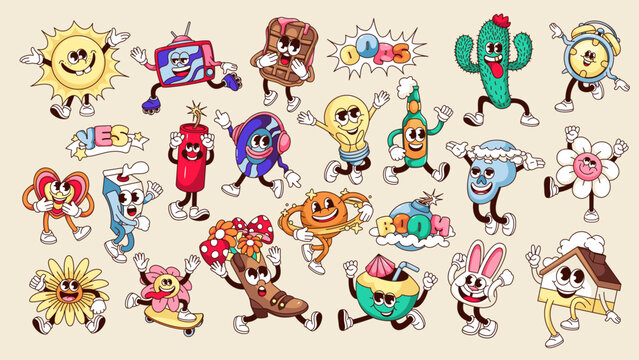 Groovy characters with surprise expressions on faces set vector illustration. Cartoon isolated retro typography stickers of Yes, Oops and Boom text, sun and flower, heart and TV characters collection