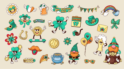 Groovy stickers for St Patrick Day set vector illustration. Cartoon isolated retro Irish elements collection with green lucky shamrock and beer, hat of leprechaun and pot with gold, balloons and heart - obrazy, fototapety, plakaty