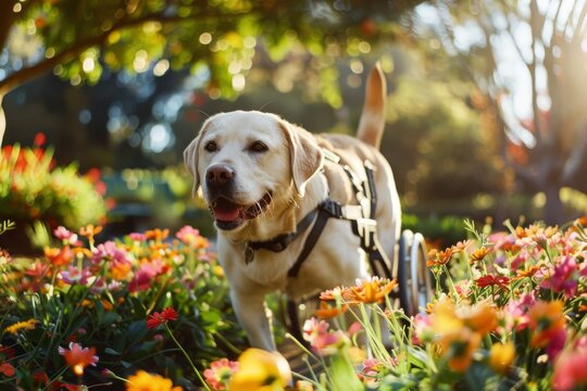 Happy disabled labrador dog walking with the assistance of a harness wheelchair in a blooming park, soft sunlight filtering through the foliage, 