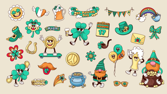 Groovy stickers for St Patrick Day set vector illustration. Cartoon isolated retro Irish elements collection with green lucky shamrock and beer, hat of leprechaun and pot with gold, balloons and heart