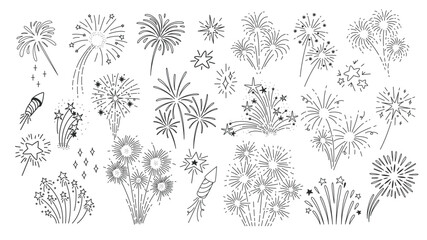 Fireworks burst with fire and sparks line icons set. Thin black outline silhouette of firecracker rocket, star explosion or circular sun rays, fireworks monochrome icon collection vector illustration