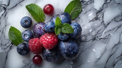 blueberries, raspberries on the marble countertop, table, fresh