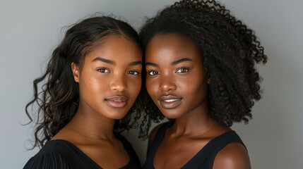 portrait of two African American young twin sisters woman on a studio background. Concept for National Sibling day - obrazy, fototapety, plakaty