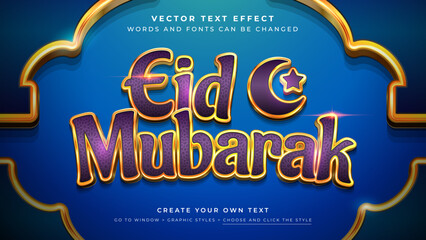 Vector Editable 3D gold eid text effect. Eid mubarak ramadan kareem graphic style on blue background