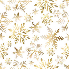 Festive Christmas holiday seamless pattern with bright golden snowflakes background