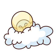 Groovy cartoon light bulb on cloud. Funny retro electric lamp flying on fluffy bubble, digital data, service and creative tech project mascot, cartoon bulb sticker of 70s 80s style vector illustration
