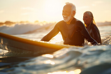 Lively elderly couple laughing as they attempt to surf together at a tropical beach in the evening on vacation. Bright sunlight with reflections on the water