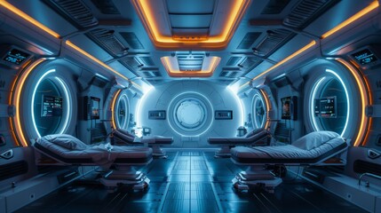Fototapeta premium Futuristic Medical Bay in Spacecraft with Illuminated Equipment