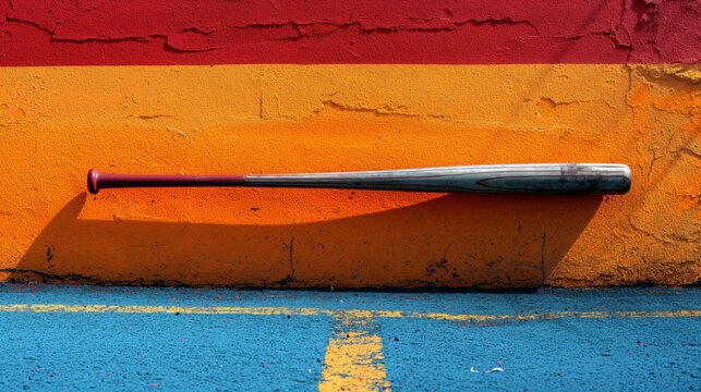 Close up of a baseball bat leaning against colorful wall.