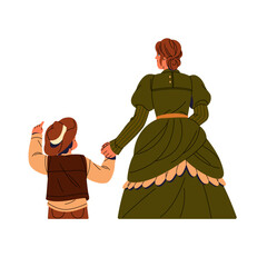 Mother in dress holds son hand walking. Kid in cowboy hat pointing finger back view. American wild west family. Western texas lady with boy. Flat isolated vector illustration on white background