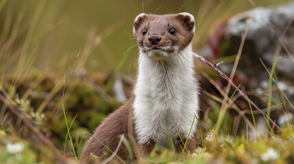 A stoat with piercing eyes looks forward amid greenery.