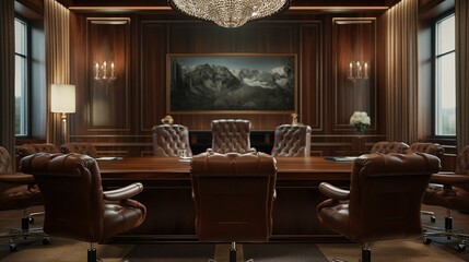 Elegant boardroom with luxurious leather chairs.