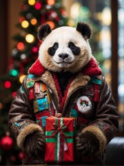 Panda in a stylish winter artist's jacket with a gift