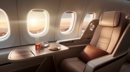Empty window seat in a business class airplane cabin.