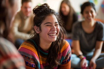 Obraz premium Happy laughing girl in the company of friends.