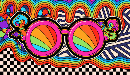 Surreal groovy psychedelic sunglasses with mushrooms - coloring print.