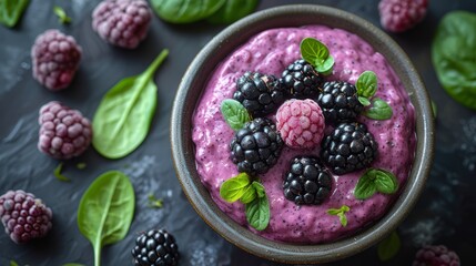 blackberry raspberry smoothie bowl, green garnish, purple, fresh healthy